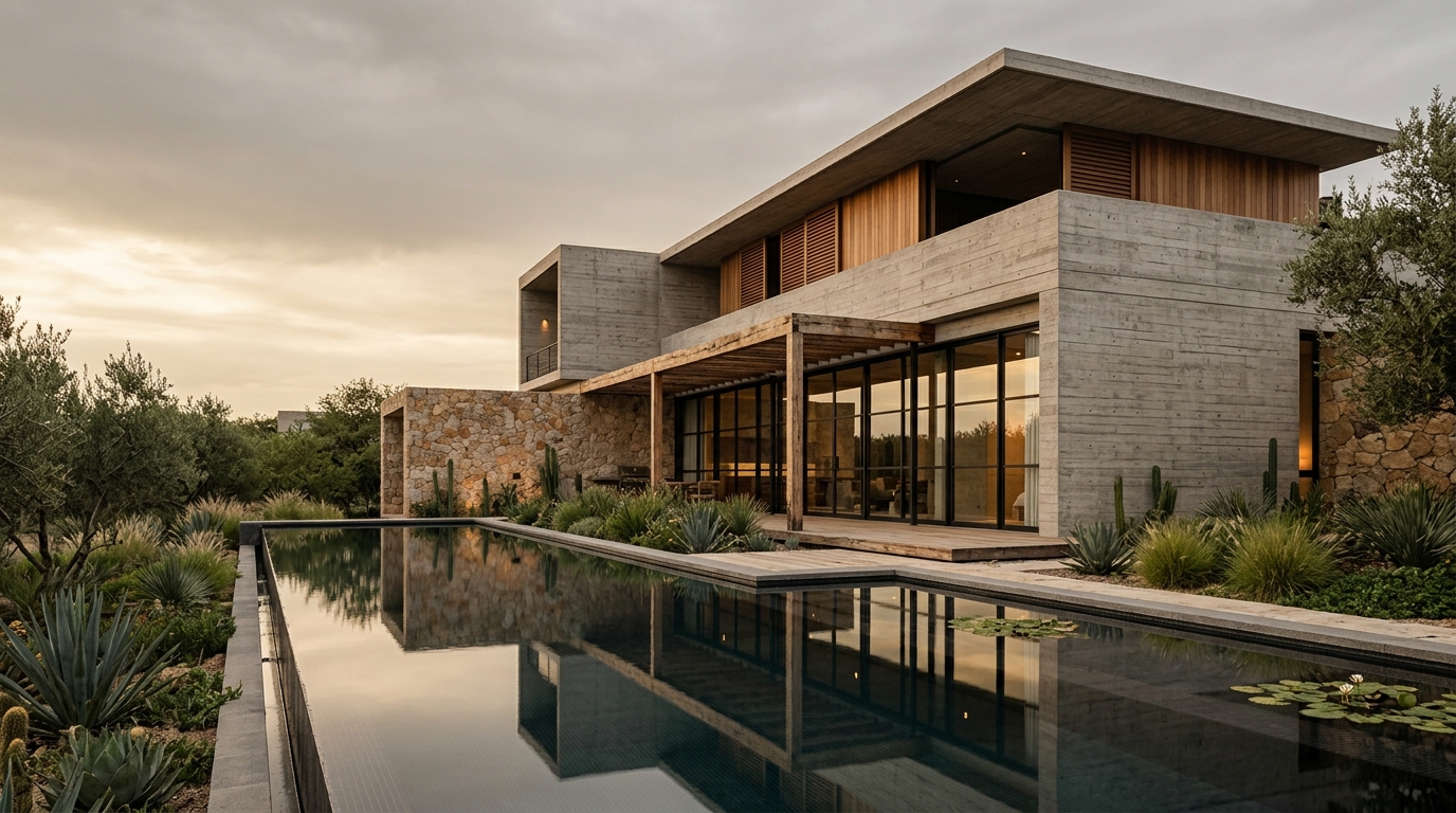 Arquitectura contemporánea con muros de concreto aparente, piedra y espejo de agua