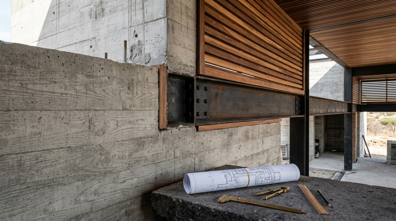 Muestra de materiales: concreto aparente, ensamble de acero y planos arquitectónicos