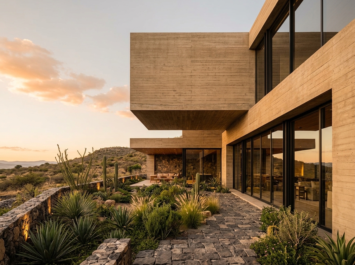 Residencia contemporánea en concreto aparente y piedra natural