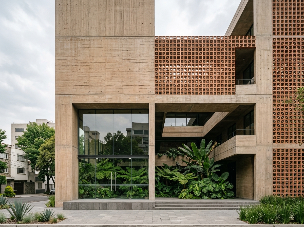 Edificio corporativo contemporáneo con celosía cerámica y concreto