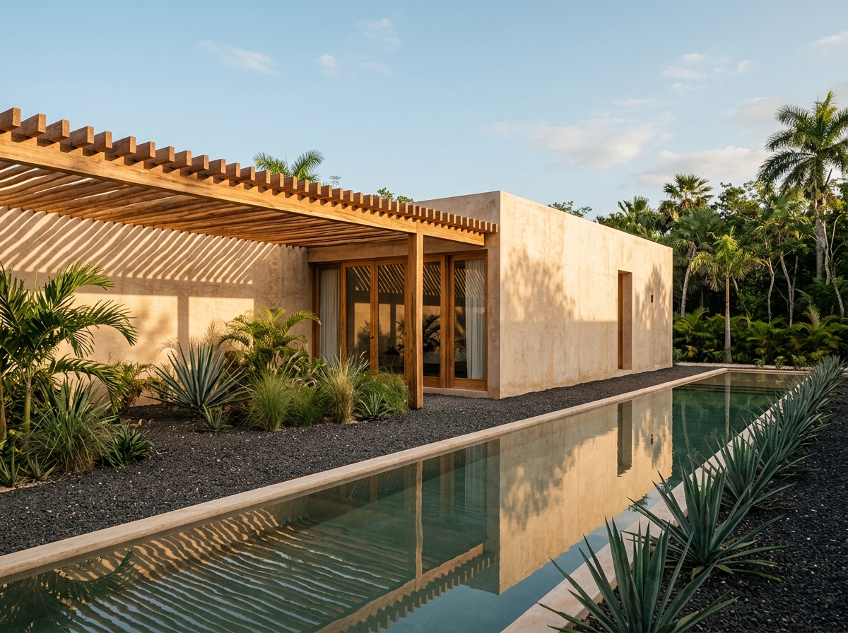 Pabellón Chukum en Mérida con muros de color arena, pérgola de madera y alberca lineal