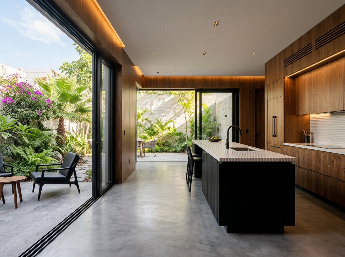 Remodelación integral de cocina y estancia con madera y microcemento