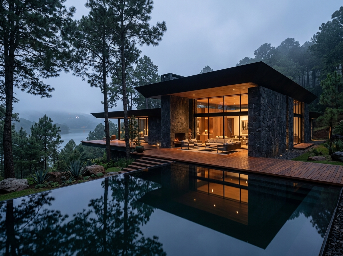 Villa Bosque: residencia en Valle de Bravo con alberca infinita y muros de piedra negra
