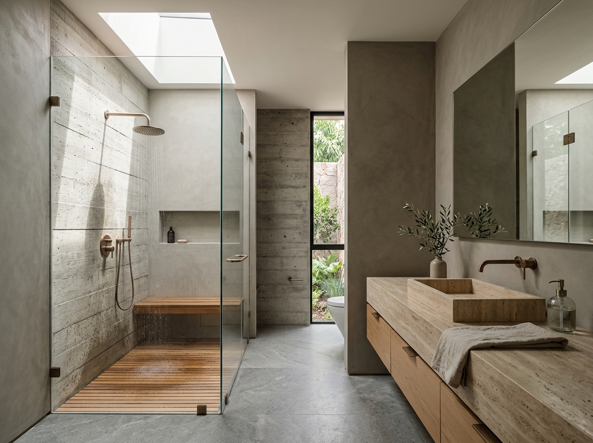Detalle de muros de concreto y piedra con luz cenital en baño contemporáneo